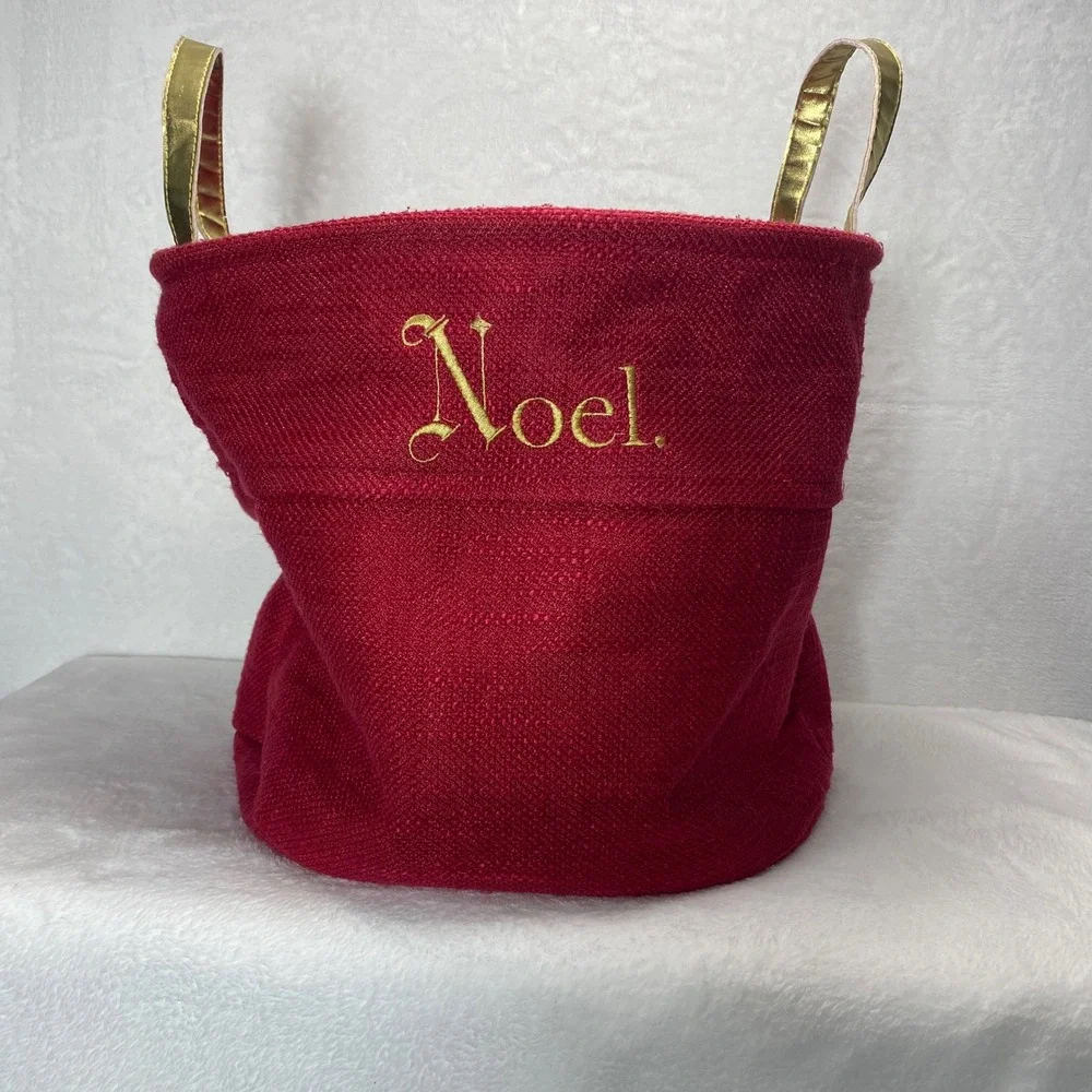 Red Fabric Christmas Basket Gift Bag Tote Gold Handles Noel Holiday Large‎
